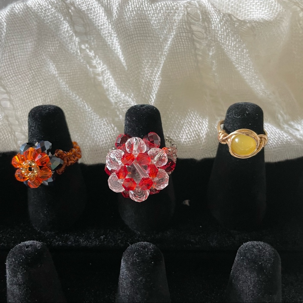 Handmade beaded rings (black and orange, clear and red rondelle- 3 rings